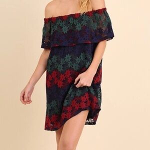 NWT Umgee Off-Shoulder Lace Dress - Red, Green, and Blue
